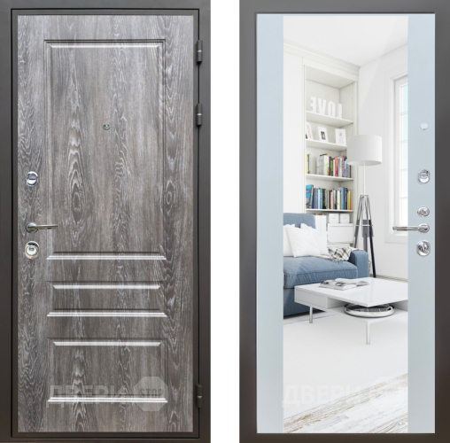 Входная металлическая Дверь Шелтер (SHELTER) Комфорт Дуб шале серебро 13 с зеркалом Белый матовый в Зарайске