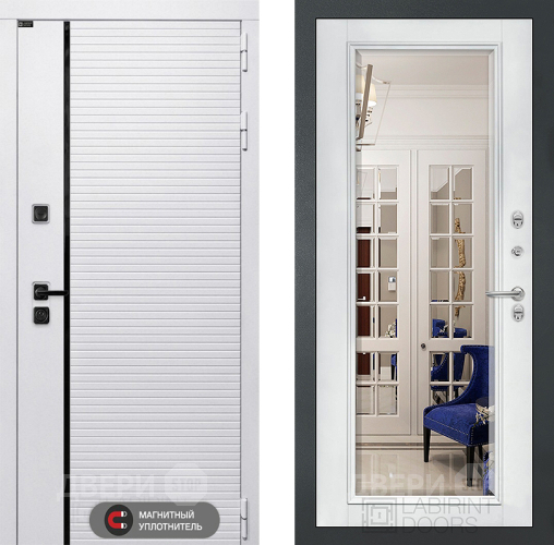 Входная металлическая Дверь Лабиринт (LABIRINT) Royal Зеркало Фацет с багетом Белый софт в Зарайске